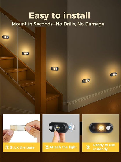 YGS-Tech LED Motion Sensor Light Indoor, Rechargeable Puck Lights, Magnetic Dimmable Under Cabinet Light, Wireless LED Lights for Closet, Kitchen, Stairs, Warm White, 6-Pack (Black)