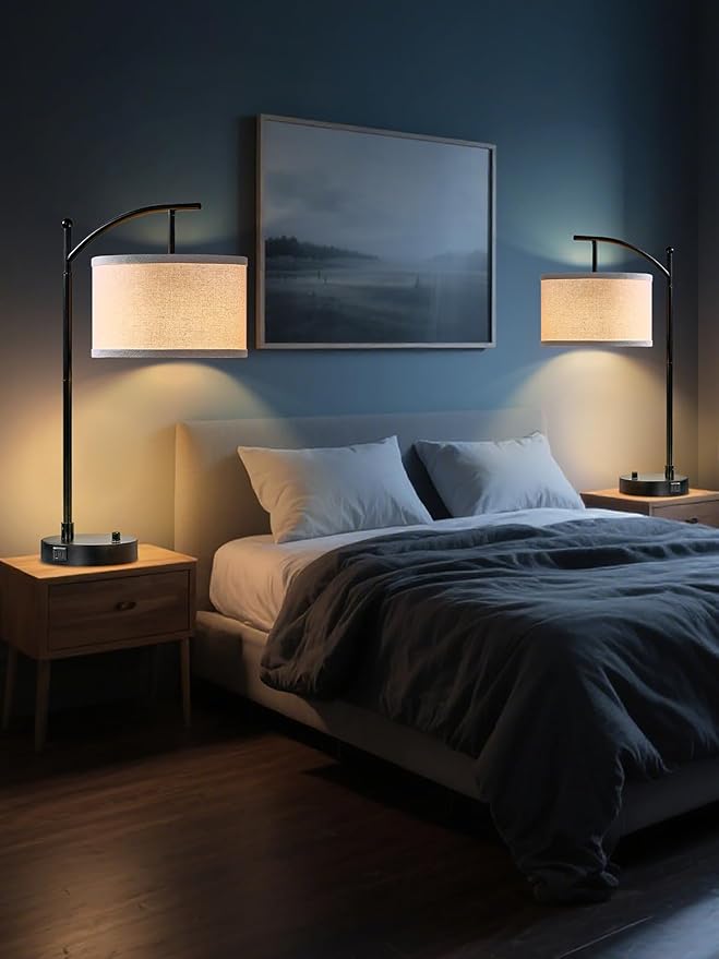 Table Lamp for Living Room Bedroom, 23.5" Table Lamps Set of 2 with USB C+A Ports, Bedside Lamps for Nightstand with Linen Lamp Shades, 2 Dimmable LED Bulbs Included, Black
