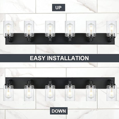 Modern Bathroom Vanity Light 6-Light Lamp in Black, Farmhouse Wall Light Fixture with Seeded Glass Shades Indoor Wall Lamp