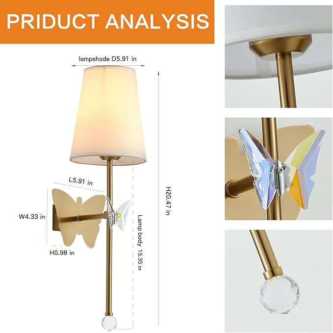 Battery Operated Wall Sconces,Rechargeable Wall Lights with Butterfly Crystal Decorative Sconces,Cordless Battery Sconce Indoor Wall Lamps for Bedroom Living Room Hallway Stairs Gold 1 Pack