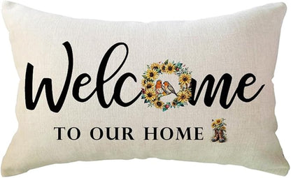 ULOVE LOVE YOURSELF Welcome Throw Pillow Covers 12 x 20 Inch Summer Holiday Decorative Lumbar Pillowcases Farmhouse Sunflowers Birds Cushion Covers for Front Porch Decor
