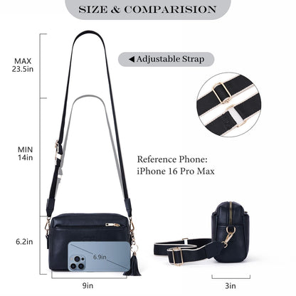 Roulens Triple Zip Small Crossbody Bag for women,Wide Strap Cell Phone Purse Shoulder Handbag Wallet with Credit Card Slots