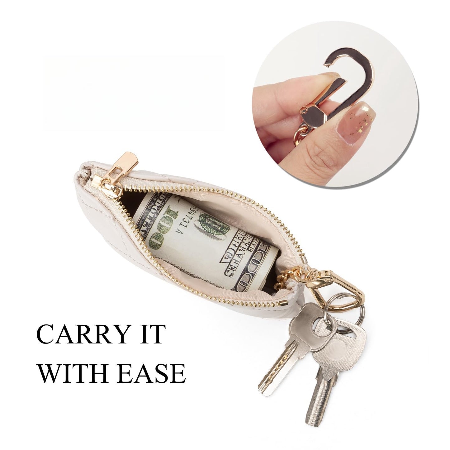 LARENNT Quilted Leather Coin Purse with Keychain - Small Coin Pouch Key Pouch Small Card Holder Keychain Wallet Change Purse for Women and Men (Creamy-white)