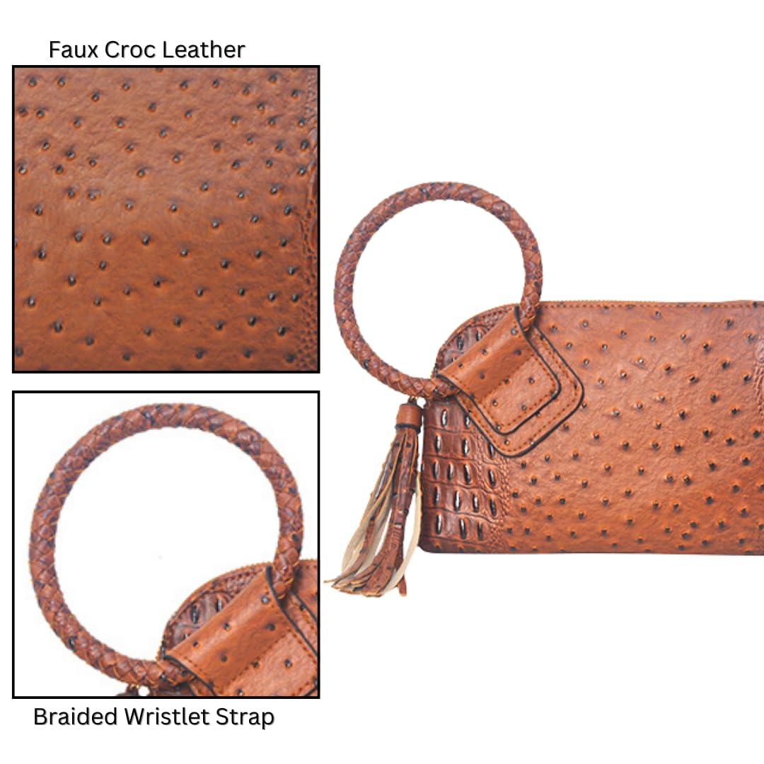 NGIL Women Mini Wristlet Purse, Fashion Faux Leather Mini Purse With Fringe Tassel, Wristlet Wallet Women's Mini Handbag (Brown-Faux Crocodile)