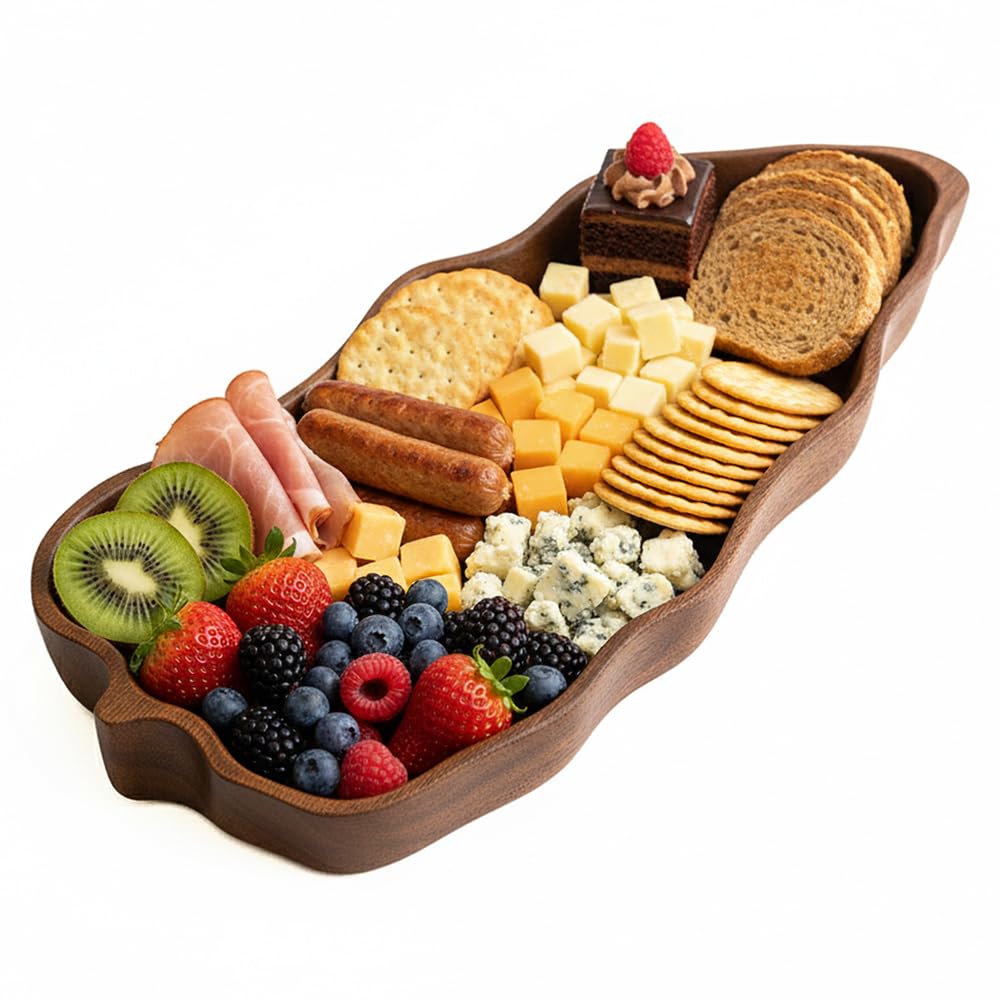 MIGAKU HOME Acacia Wood Serving Tray, Leaf Design Wood Tray, Party Platter, Serving/Food/Cookie Trays for Parties, Wooden Trays for Decor, Christmas Tree Charcuterie Board