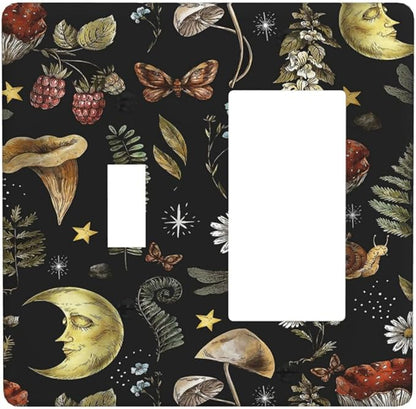 Nature Plant Botanical Daisy Mushroom Snails And Moon 2 Gang Combination Light Switch Cover Decorative Toggle Rocker/Decora Wall Plate Electrical Faceplate for Bathroom Kitchen Home Decor