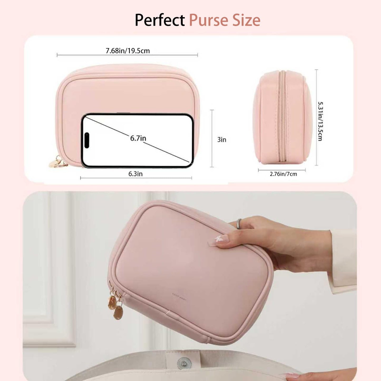 RIGHT AWAY Small Makeup Bag for Purse,Cosmetic Bag Organizer for Women,Waterproof PU Leather Make Up Pouch Toiletry Bag with Pockets,Portable Makeup Case for Travel Accessories&Accessories(Pink)