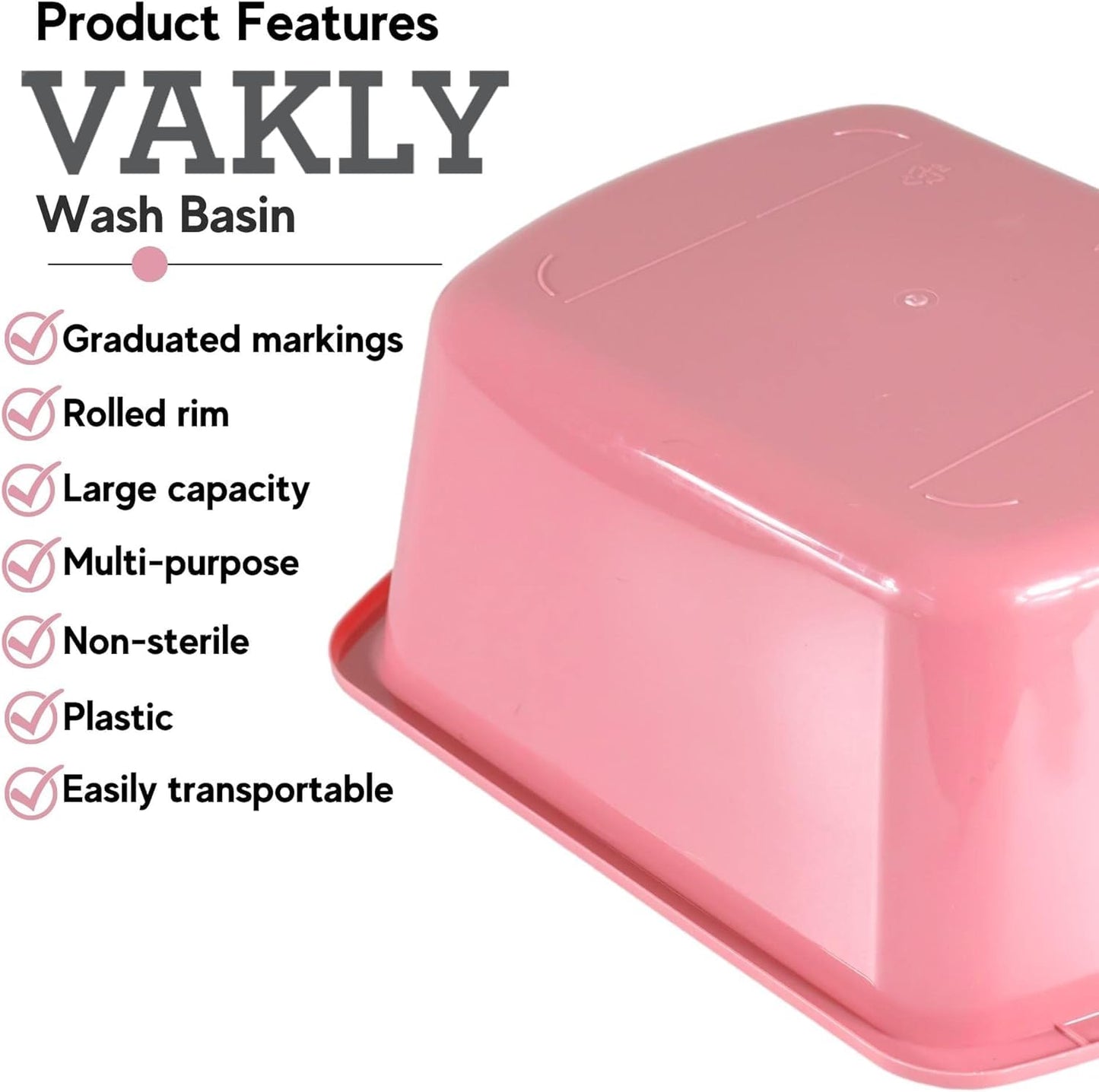Wash Basins – Rectangular Plastic Hospital Bedside Soaking Tub - Small 7 Qt Graduated Bucket - Portable Washbasin for Washing, Cleaning, Foot Bath, Dishes, Face Cleansing Bowl -13.25 x 10 x 4.5 Inches