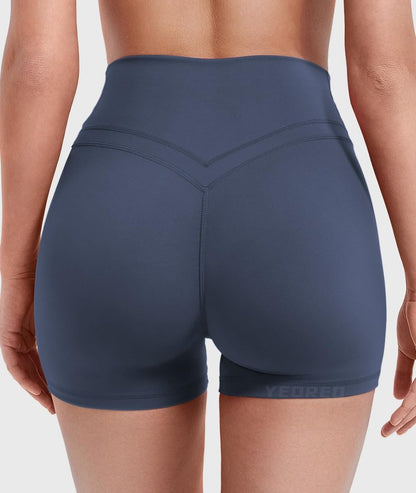 YEOREO Gym Workout Shorts for Women High Waisted Tummy Control Hidden Scrunch 4.5" Booty Shorts Julissa Cross Waist Yoga Navy Blue