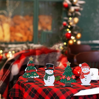 DECSPAS Christmas Decorations Indoor, 4 PCS Wood Christmas Trees & Snowmen for Centerpiece Table Decorations, Wooden Tiered Tray for Xmas Decor, Home, Winter, Tabletop, Mantel, Shelf, Gifts