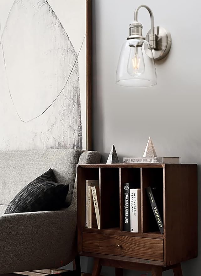Yosoan 1-Light Brass Modern Vintage Indoor Wall Sconce, Vanity Single Luxury Hardwired Retro Textured Clear Oval Cone Glass Shade with Industrial Gooseneck Curved Rod Bathroom Lamp(Brushed)
