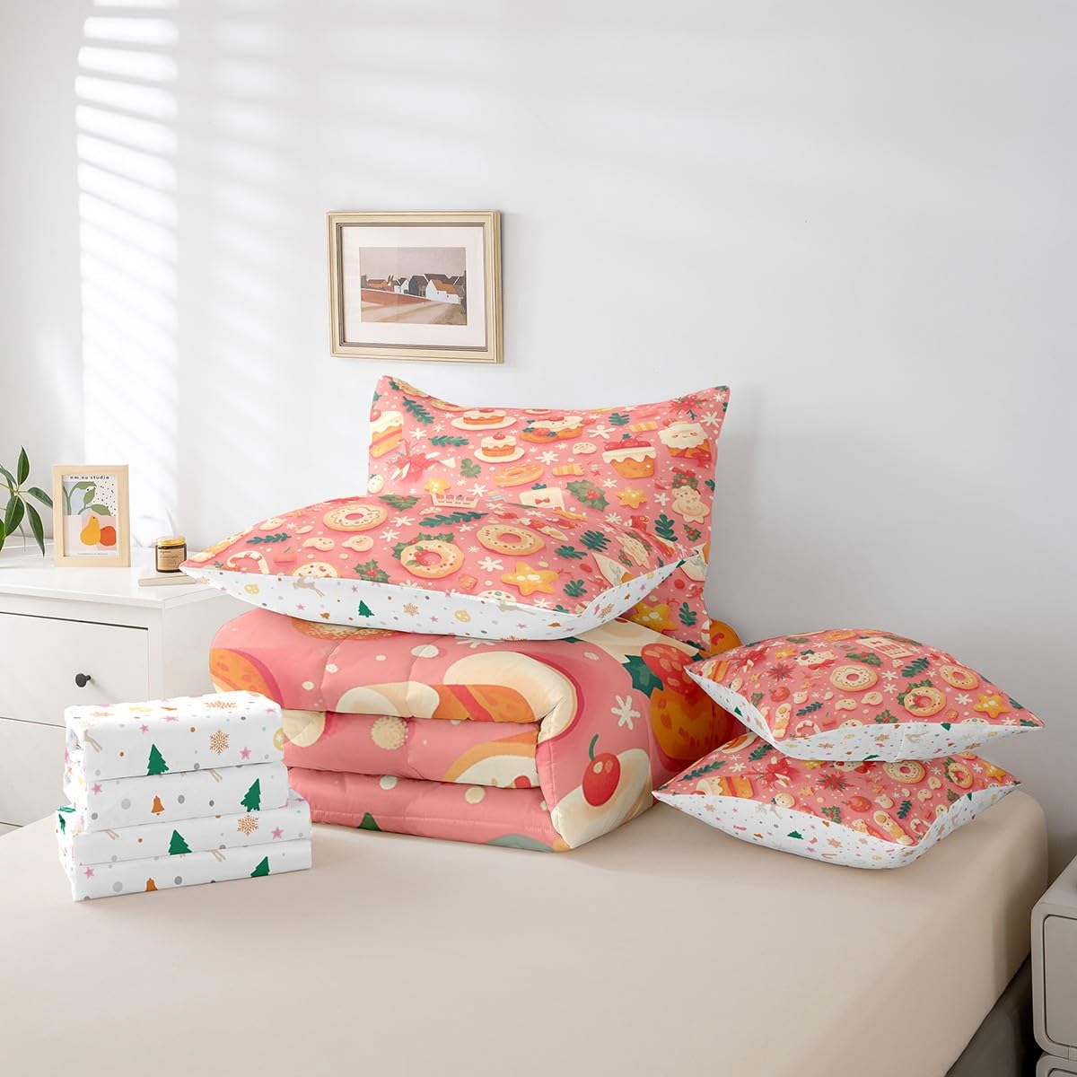 Manfei Xmas Donut 7 Pieces Comforter Set Full,Cute Cookies Desert Theme Bedding Set for Bedroom Decor,Merry Christmas（Comforter+Fitted+Flat Sheet+2 Pillowcases+2 Throw Pillow Covers）
