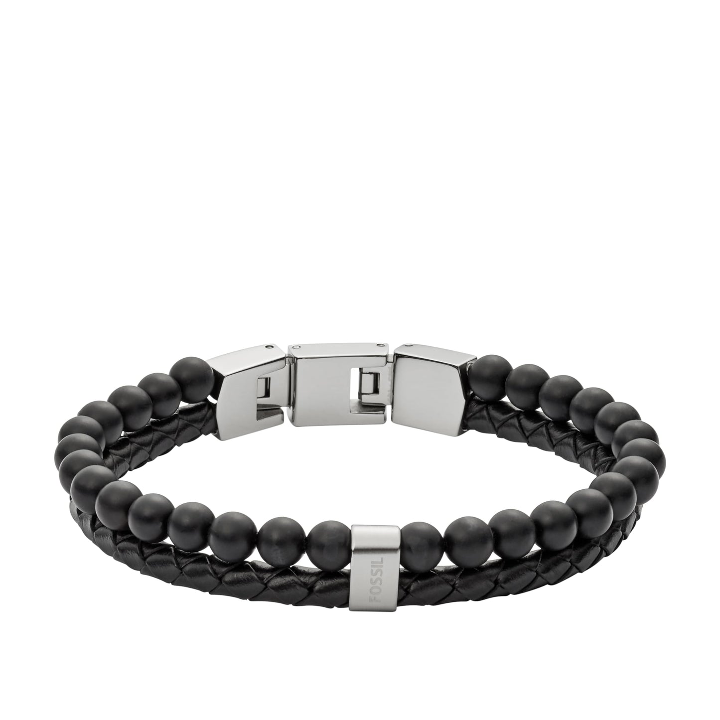 Fossil Men's Leather and Beaded Bracelet, Color: Black (Model: JF02763040)