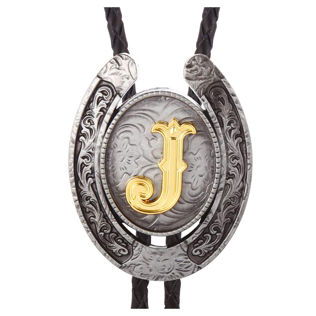 HUABOLA CALYN Vintage Bolo Tie for Men- Initial Letter ABCDMJR to Z Western Cowboy Bolo Tie for Women (J)