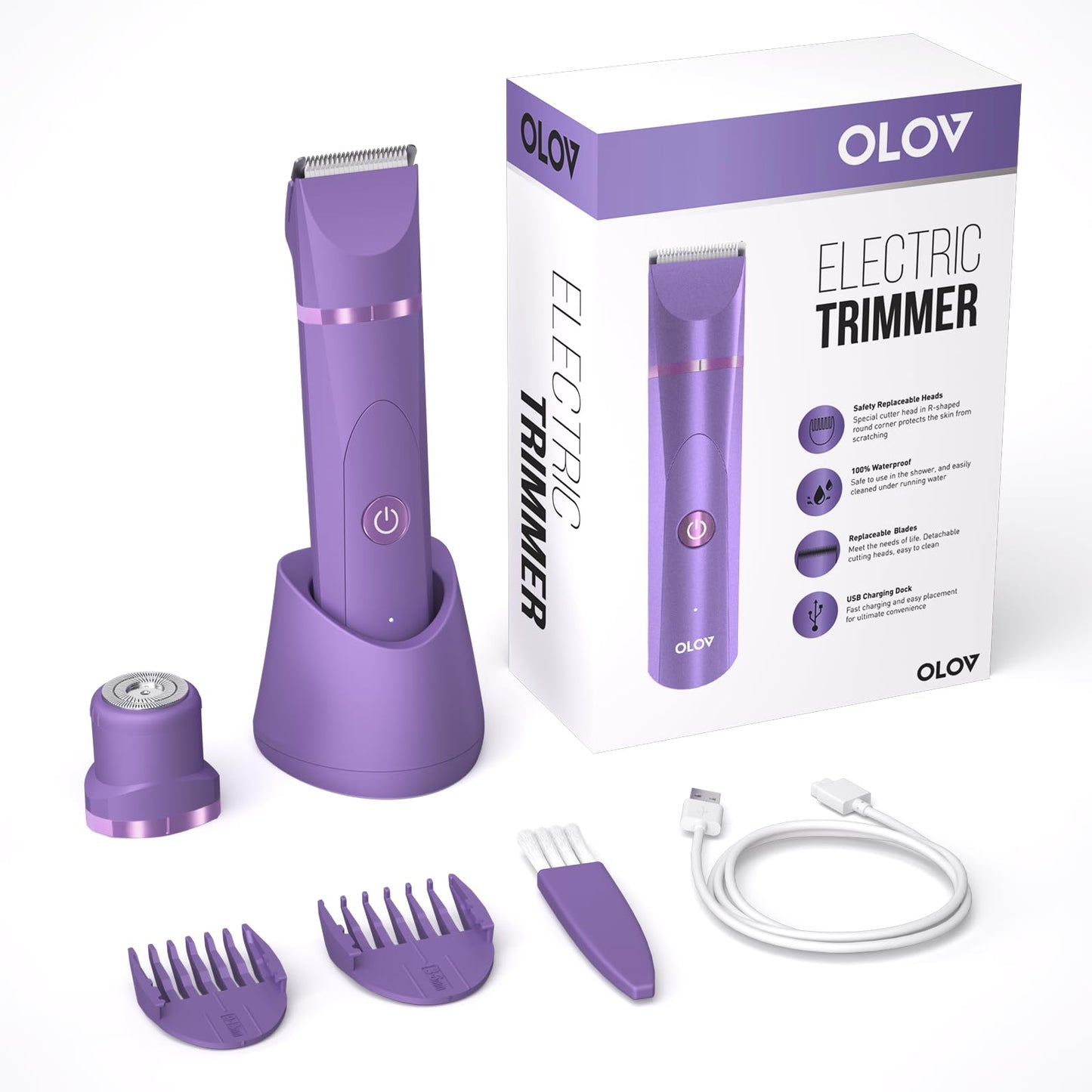 OLOV Electric Body Hair Trimmer - Groin Trimmer for Men - Bikini Trimmer Women - Wet/Dry Shaver Groomer, Replaceable Ceramic Blade Heads, USB Recharge Dock, Waterproof Hygiene Razor,Black