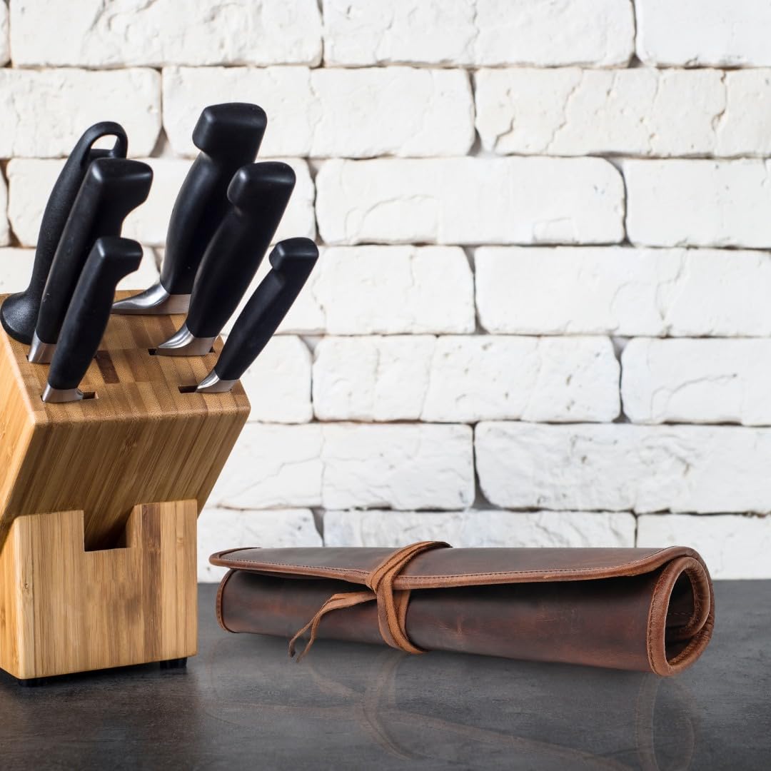 Autentico Leather Knife Roll Bag Professional Chef Knife Case, Durable Knife Sheath Holder, Cooks & Culinary Tools Carrying Storage, Portable Knife Wrap - 4 Slots