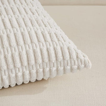 Fancy Homi Pure White Lumbar Decorative Throw Pillow Covers 12x20 Inch for Living Room Couch Bed Sofa, Rustic Farmhouse Boho Home Decor, Soft Striped Corduroy Rectangle Cushion Case 30x50 cm