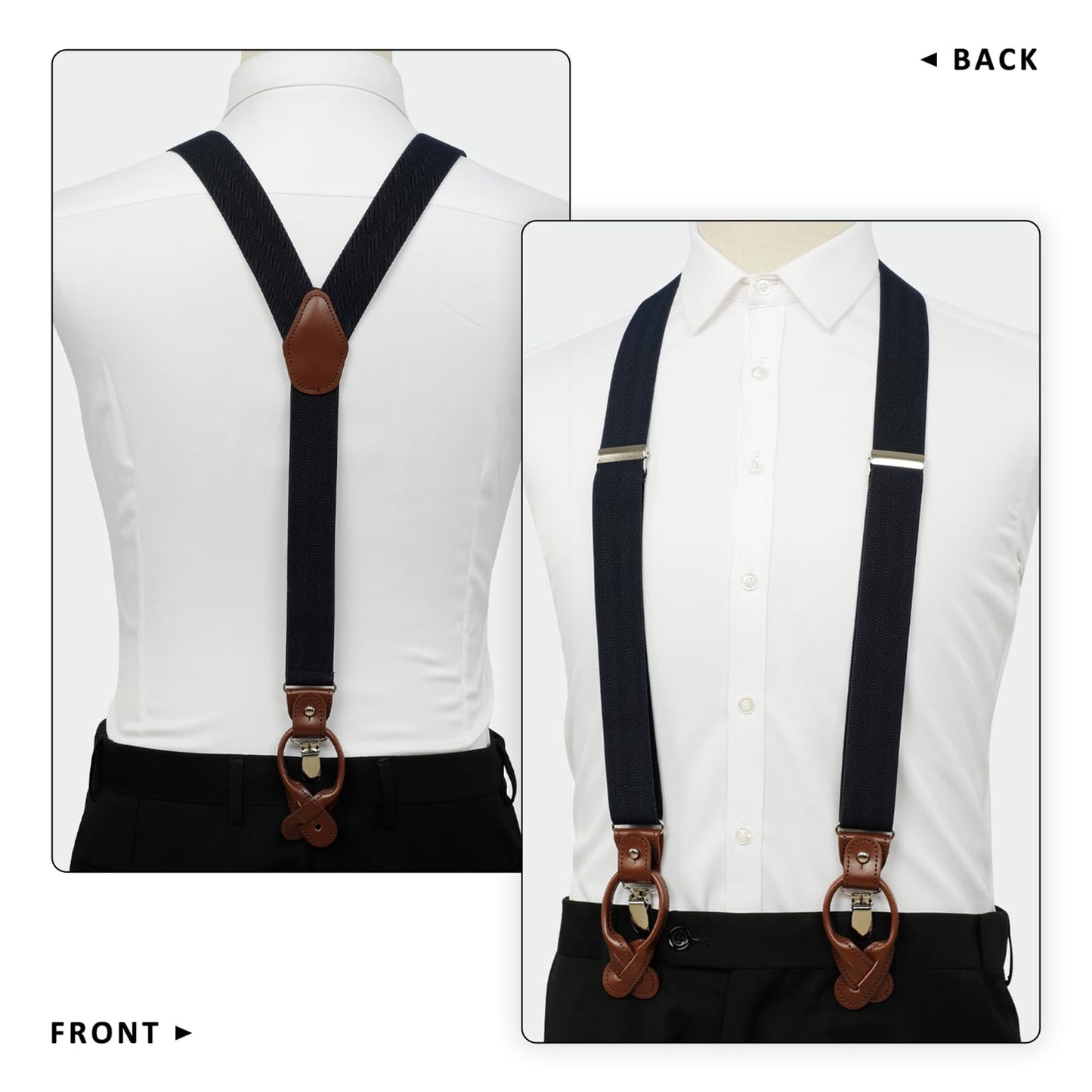 LEHOMU Men Suspenders Adjustable,1.4 Inch Wide Heavy Duty Y-Back Elastic Tuxedo Elastic Mens Suspenders with Leather Buttons and 3 Metal Clips,Dark Blue