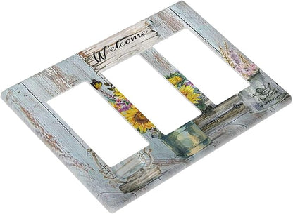 Sunflower Vintage Barn Wooden Triple Rocker Light Switch Covers Sun floral 3 Gang Outlet Wall Plate Cover Decorative Switchplate Faceplate GFCI Farmhouse Home Livingroom Decor