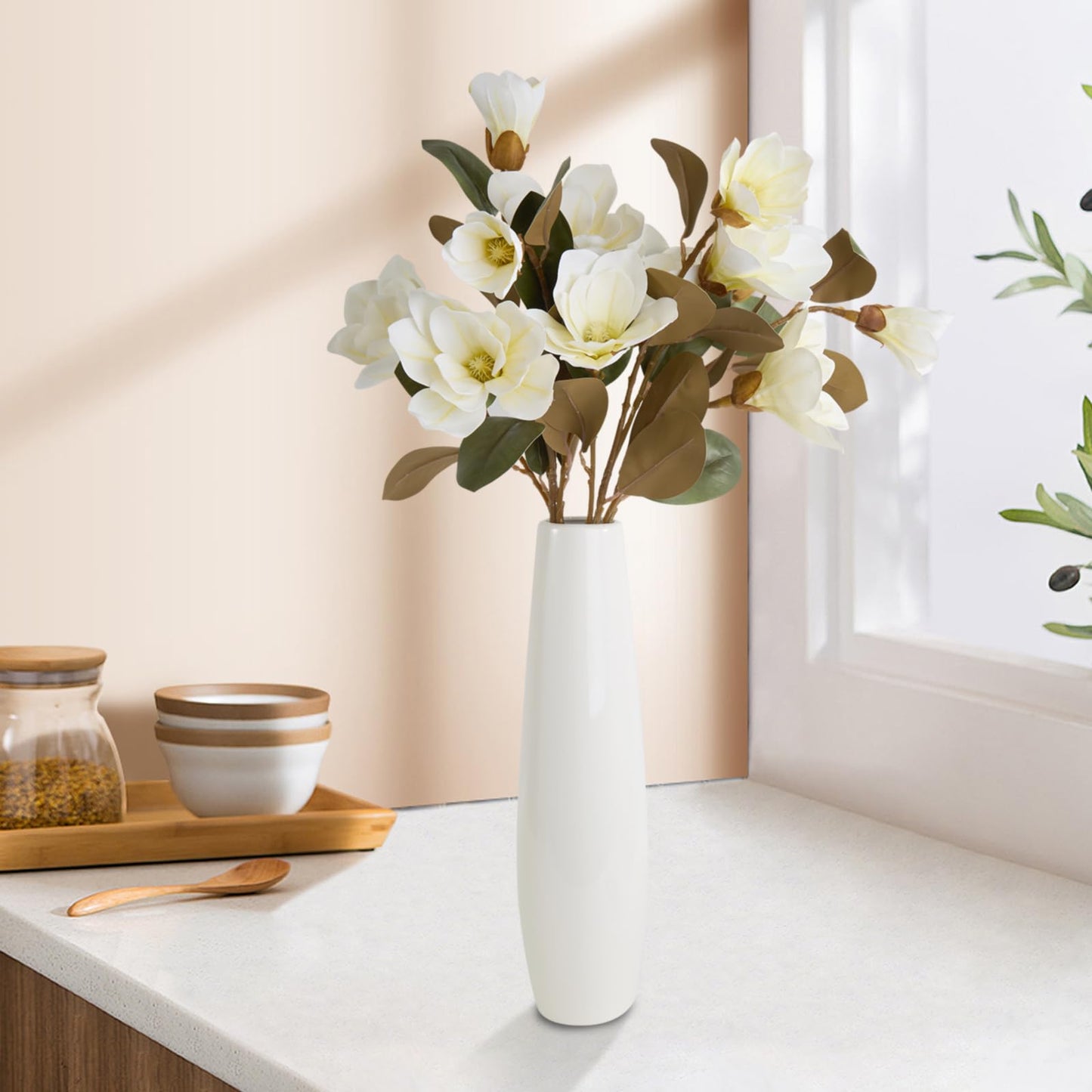 2PCS 32.2inch Artificial Magnolia Flowers 3D Real Touch 6 Heads Faux Magnolia Flower Bouquets Realistic Long Stem with Green Leaves for Home Wedding Table Office Floral Arrangement Decoration (White)