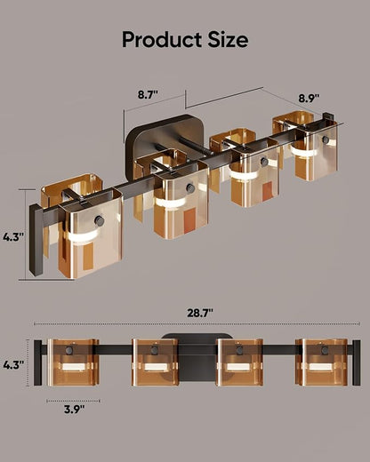 JACKYLED Bathroom Light Fixture, Modern 4-Light Vanity Lights with Art Glass Shades, 3 Color Temperatures LED Bathroom Lighting Fixture Over Mirror, 20W 1200 Lumen 30° Adjustable, Amber Glass