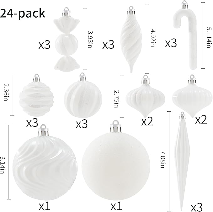 Christmas Ball Ornaments Set Shatterproof Christmas Tree Ornaments 24 PCS Painted Shaped Styles Xmas Tree for Holiday Decor,White
