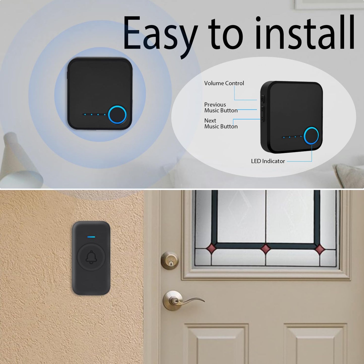 Wireless Doorbell, Waterproof Door Bell with 60 Chimes, 5 Levels Volume and LED Flash, 1000ft Long Range Classroom Doorbell for Home Office Hospital (2 Receiver & 1 Button, Black)