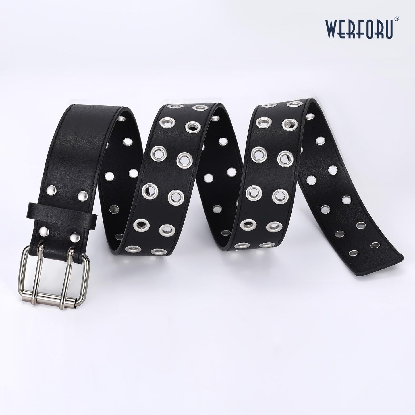 WERFORU Double Grommet Leather Belt with Detachable Chain for Women Punk Black Studded Waist Belt for Pants Jeans