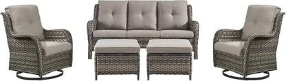 Rilyson Wicker Patio Furniture Set - 5 Piece Rattan Outdoor Sectional Conversation Sets with 2 Rocking Swivel Chairs,2 Ottomans and 1 Sofa for Porch Deck Garden(Mixed Grey/Grey)