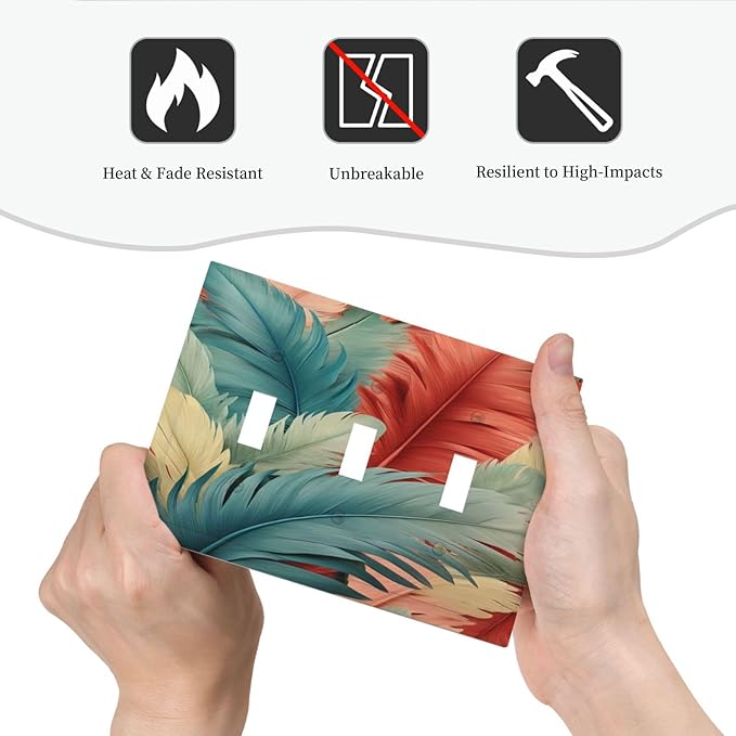 Colorful Feathers Blue Red Light Switch Covers 3 Gang Triple Toggle Wall Plate Decorative Switchplate Electrical Faceplate for Farmhouse Living Decor