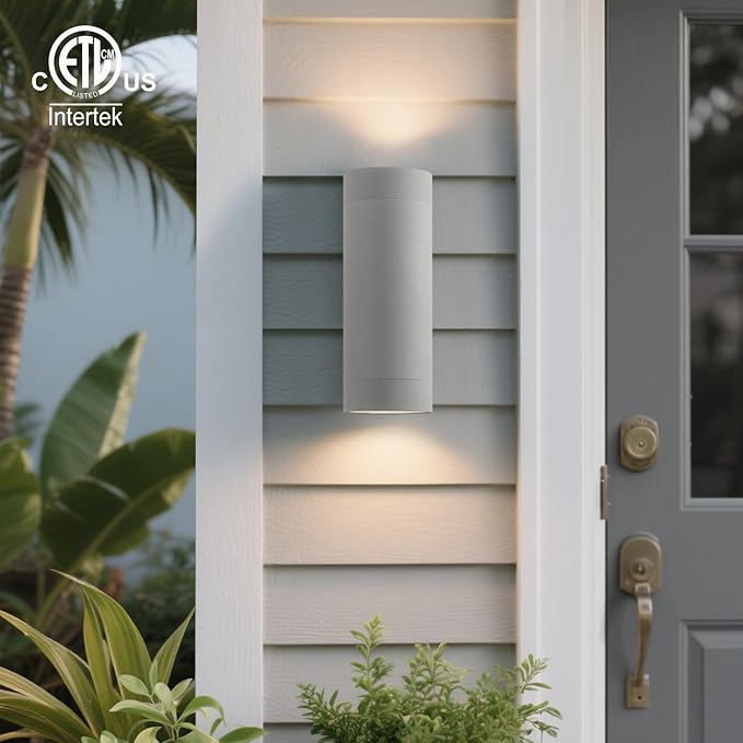 mirrea Modern Outdoor Porch Light Patio Light in 2 Lights with Aluminum Cylinder and Tempered Glass Cover Waterproof Wall Sconce 2 Pack (Metallic Gray)
