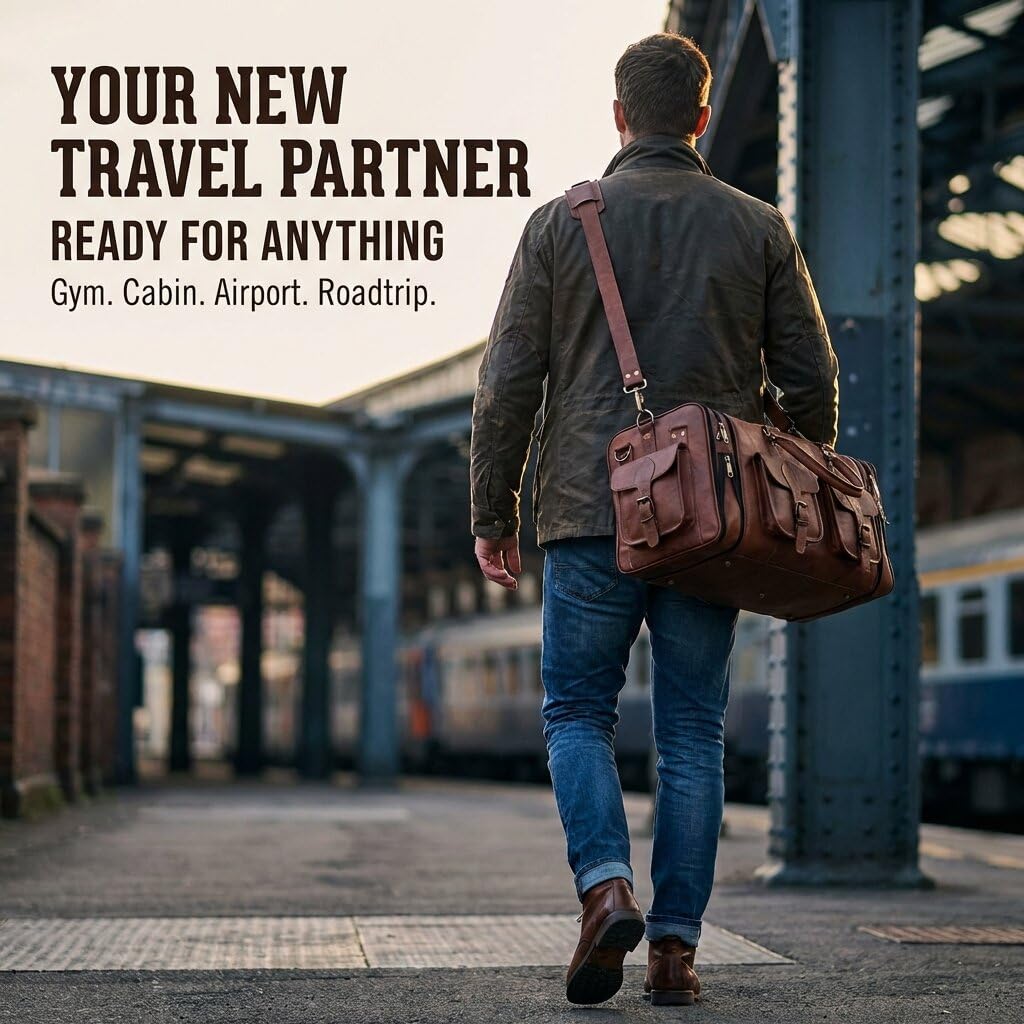 Genuine Leather Duffle Bag 24 Inch Handmade Vintage Travel Case Luggage Bags for Men, Overnight Carry On Duffel Bag Medium Weekender Gym Bag for Men and Women