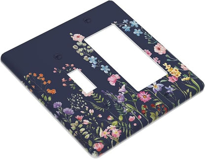 Rustic Wild Floral Darkground Vintage Watercolor Flower 2 Gang Single Toggle Rocker Combination Light Switch Cover Decorative Wall Plate Cover Electrical Faceplate Switchplate for Bedroom