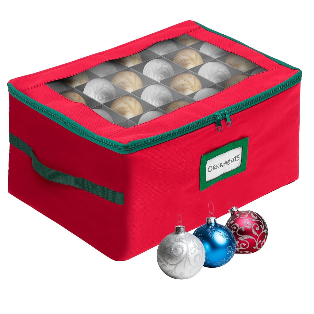 HOLDN’ STORAGE Christmas Ornament Storage Box with Dividers - Fits 72-3” Ornaments, 3 Removable Trays, Durable & Space-Saving, Clear Top Lid, Convenient Storage Designed, Red