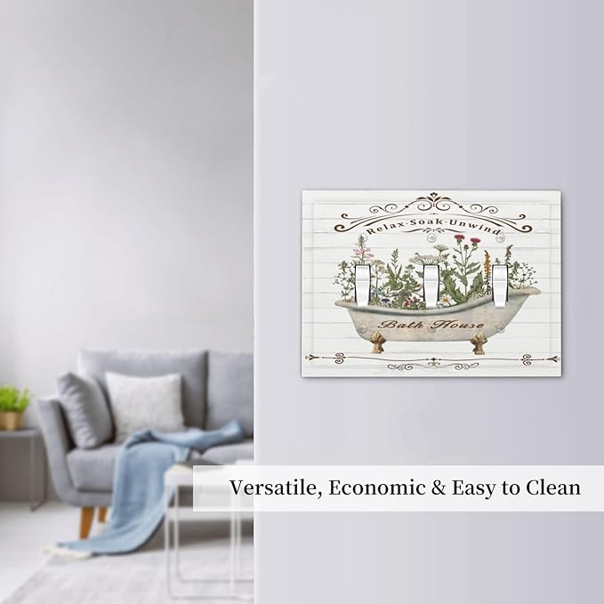 Rustic Farmhouse Wooden Board Botanical Flower 3 Gang Wall Plates Decorative Triple Toggle Light Switch Cover Electrical Switchplate Unused Decorate Faceplate for Bathroom Home