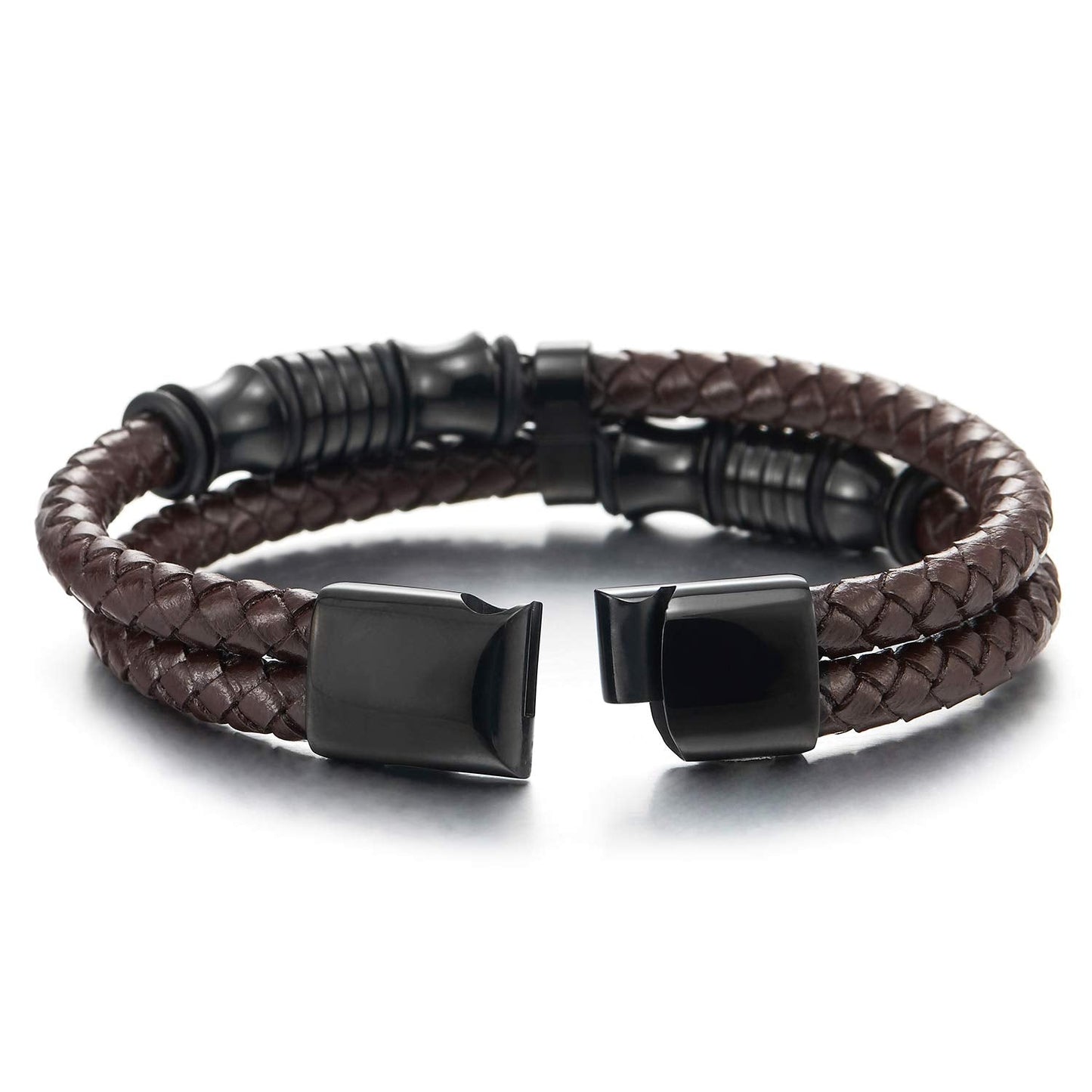 COOLSTEELANDBEYOND Mens Brown Braided Leather Bracelet with Black Stainless Steel Charms, Double Strand Wrap Wristband