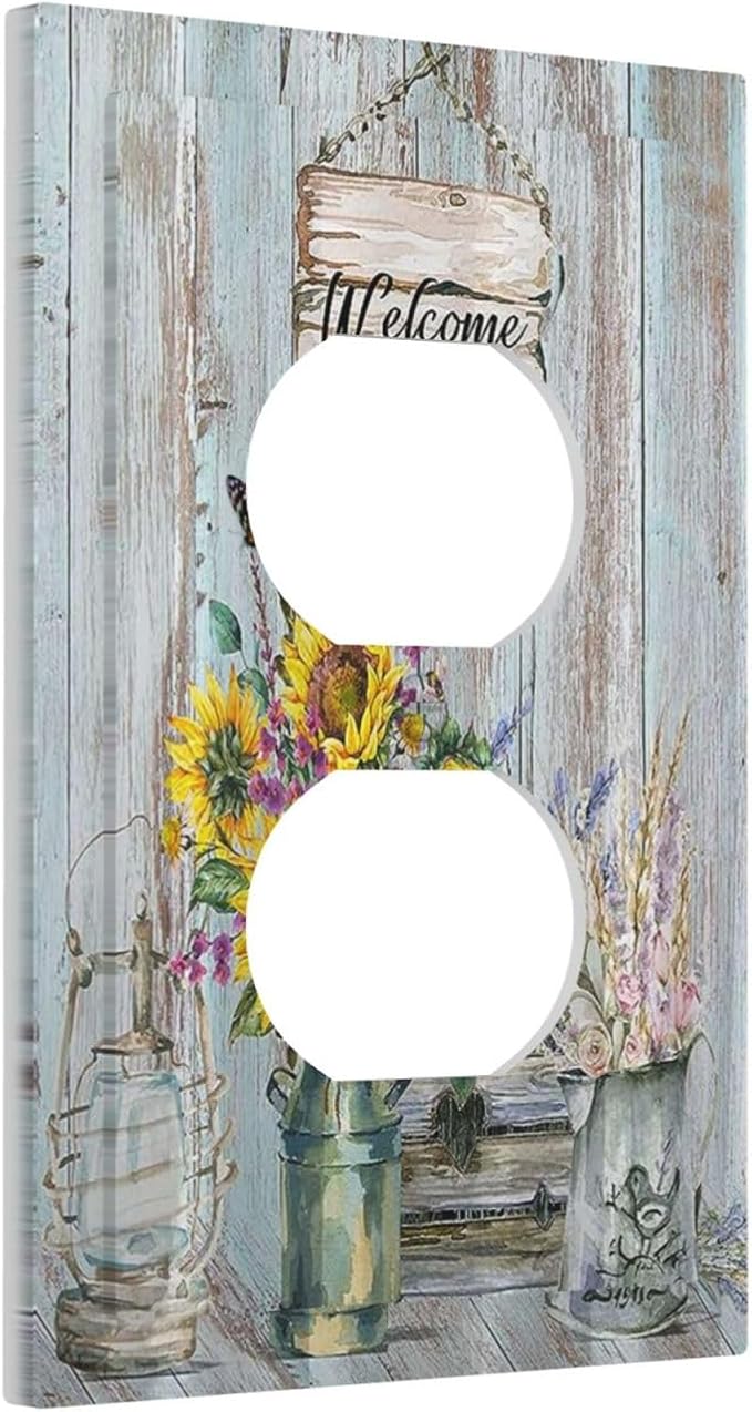 Sunflower Vintage Barn Wooden 1 Gang Single Duplex Light Switch Plate Outlet Cover Sun floral Decorative Wall Plate Switchplate Electrical Faceplate Farmhouse Home Livingroom Decor