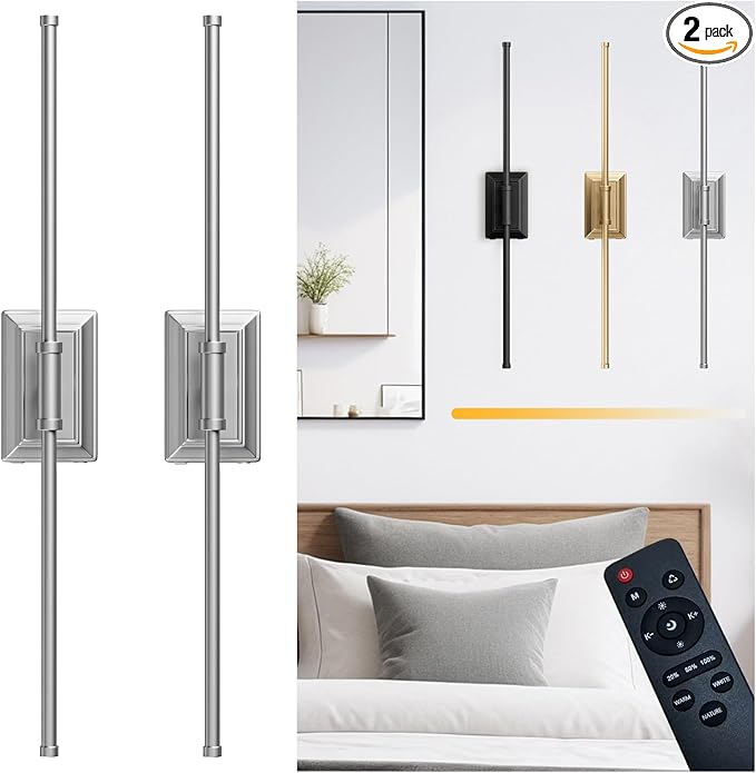 Battery Operated Wall Light Set of 2 - Silver Picture Wireless Led Plug In Walls Sconce Fixture Indoor - Art Decor Bathroom Sconces Rechargeable - Modern Bedroom Cordless Lights Fixtures with Remote