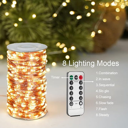 100Ft Warm White Plug in Fairy Lights 300 LED Waterproof Twinkle Copper Wire String Lights with Remote for Christmas Tree Bedroom Porch Patio Garden Wedding Party