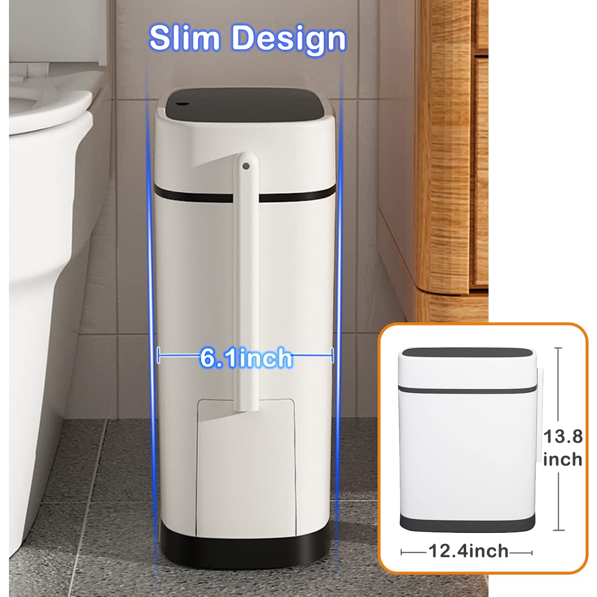 COMODID 3.7 Gallons Bathroom Trash Can and Toilet Brush Set, 14 Liter Slim Trash Can with Toilet Brush Holder Set for RV, Black lid