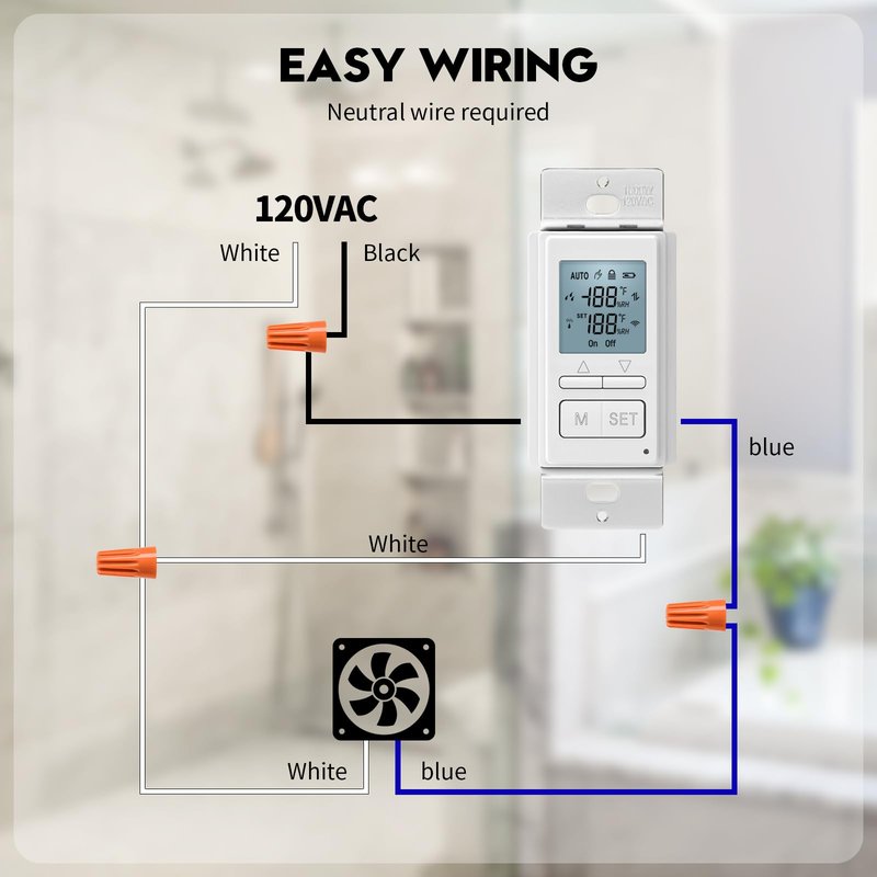Ortis New 2024! Humidity Sensor Switch, in-Wall Bathroom Fan Automated Control Switch, Separate Sensor for Better Moisture Detection, 328ft Range, 110/220V, Keep Your Room Dry