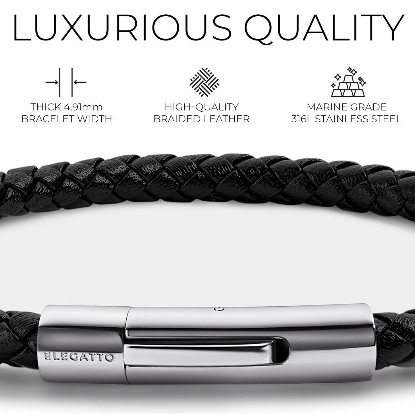 Elegatto Elagio Premium Braided Leather Bracelet for Men | Full-Grain Braided Leather with Sterling Silver Polished Stainless Steel Clasp | Men’s Designer Bracelets | Medium