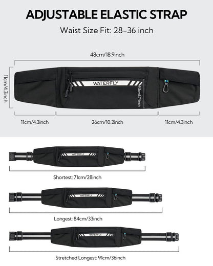 WATERFLY Running Belt Fanny Pack: Slim Breathable 4 Pocket Waist Bag for Men Women Sport Workout Exercise Fitness Phone Holder - Runner Marathon Jogging Waistband Fits ALL Phones Black