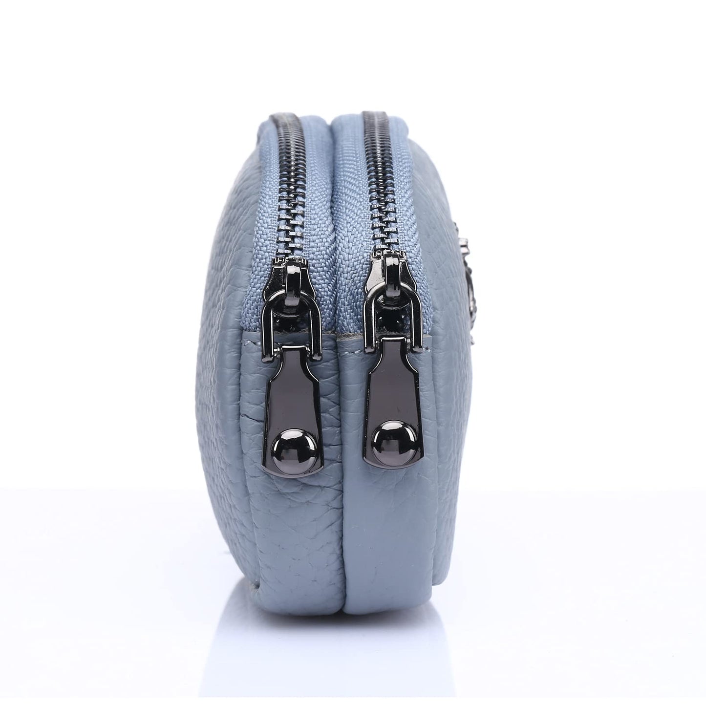 Yocipa Genuine Leather Coin Purse for Women Small Double Zipper Wallet Mini Change Pouch with Bee Charm for Cash Cards Keys Cute Compact Organizer (Light Blue)