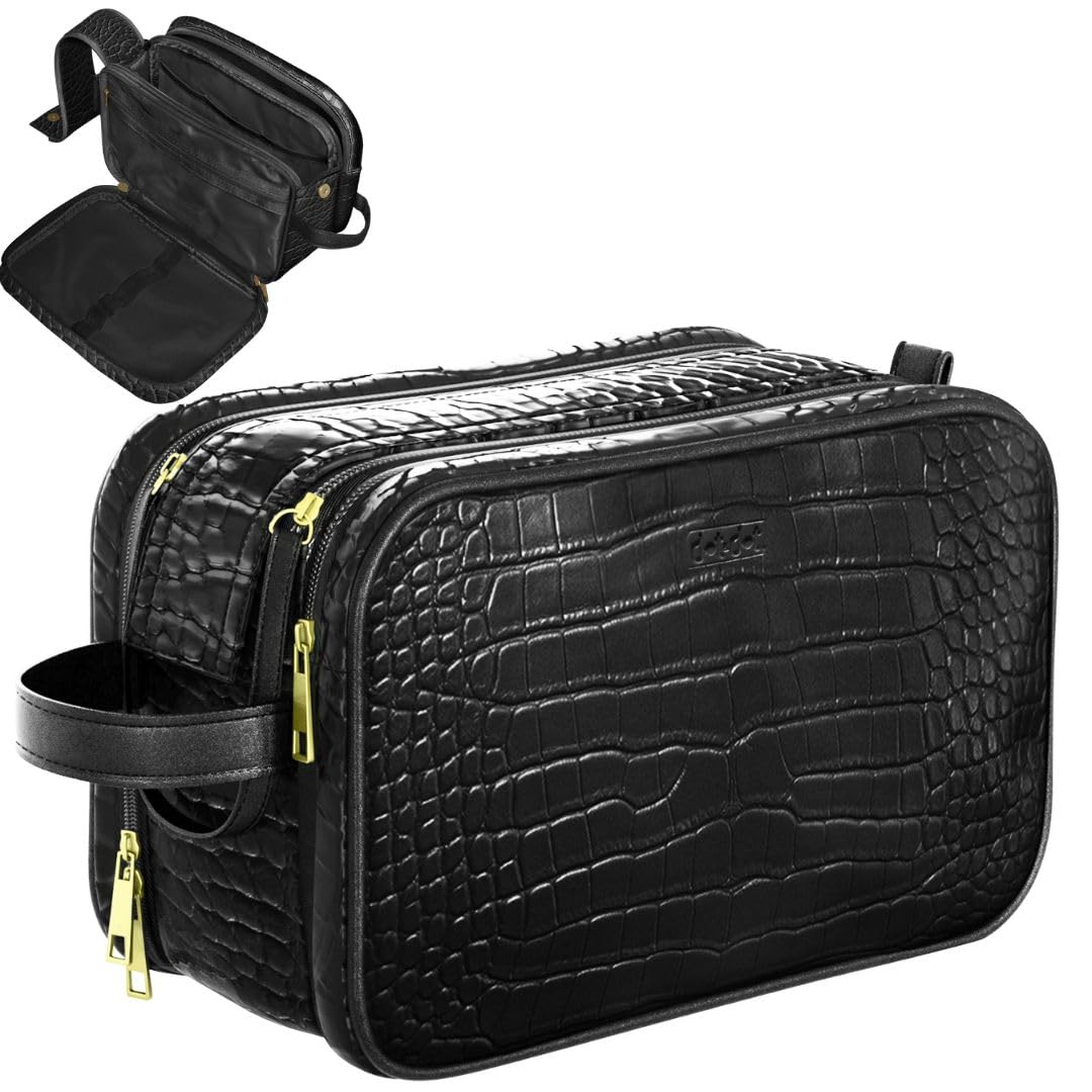Dot&Dot Leather Toiletry Bag for Men Women - Spacious Womens Mens Toiletry Travel Toiletries Bags (Black Croc)