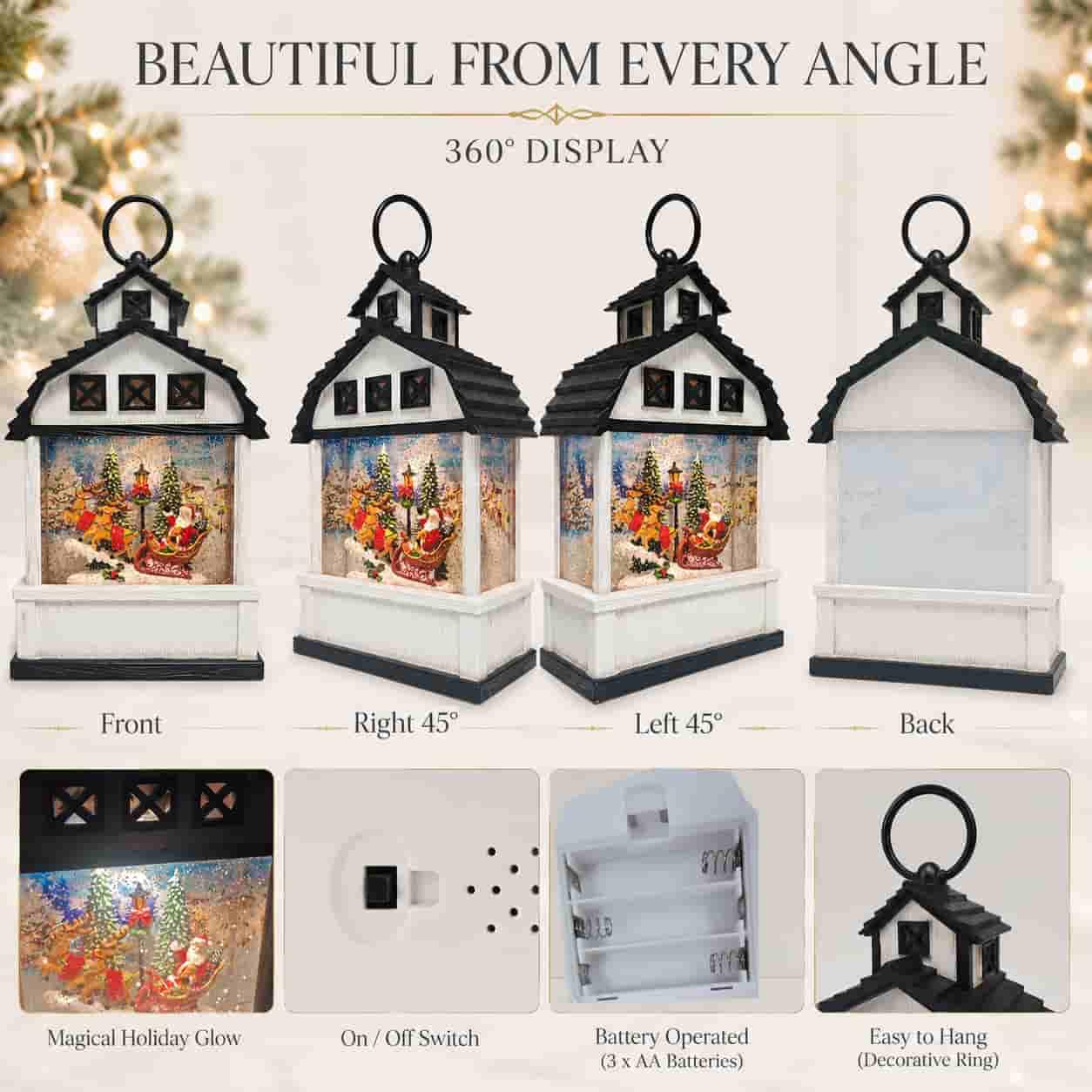 12.6" Christmas Snow Globe Lantern, White Barn Water Glittering Lantern with Santa Sleigh & Reindeer, Lighted Christmas Lantern with 6H Timer, Battery Operated Farmhouse Holiday Tabletop Decor Gift
