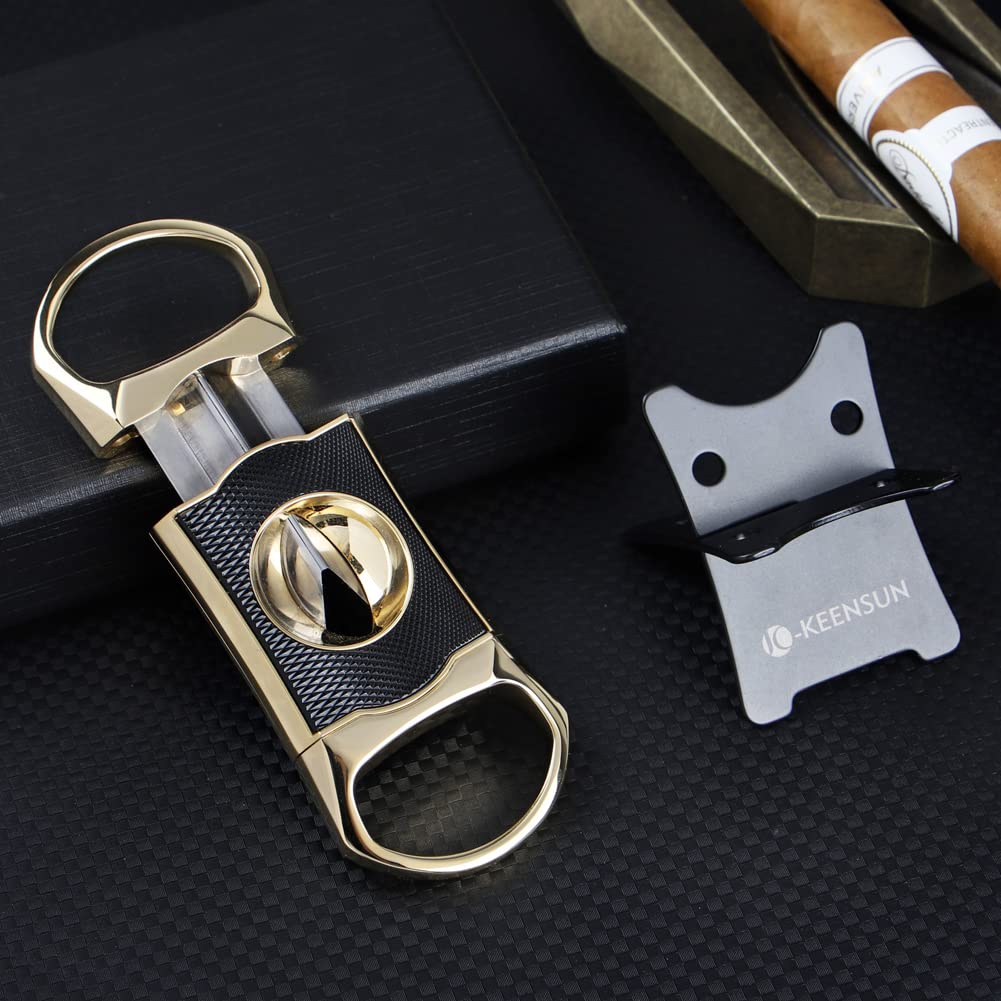 KEENSUN Zinc Alloy V-Cut Cigar Cutter (Gold and Black CNC Engraved Diamond Finish), 60 Ring Gauge, Stainless Steel Cut Blade with Leather Case, Cigar Holder and Gift Box
