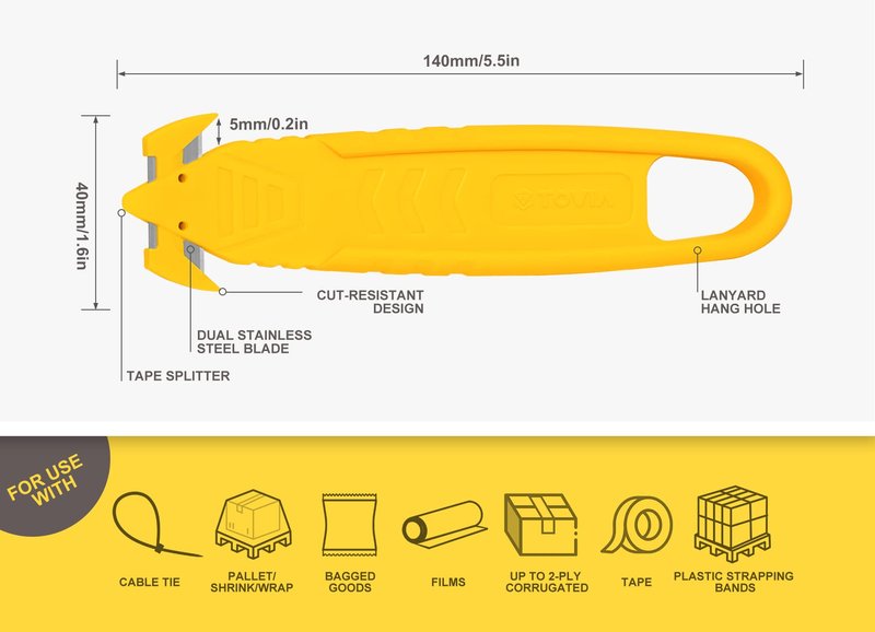 Safety Box Cutter T TOVIA Stainless Steel Concealed Blade Package Opener 10 Pcs for Tape Splitter, Cartons, Cardboard, Wrap, Straps, Film (10 pcs - Yellow)