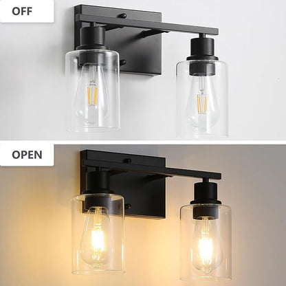 2-Lights Wall Lighting Matte Black Bathroom Vanity Light Fixtures,Vintage E26 Base Sconces with Clear Glass Shades, Farmhouse Modern Wall Lamp for Hallway,Bedroom,Living Room