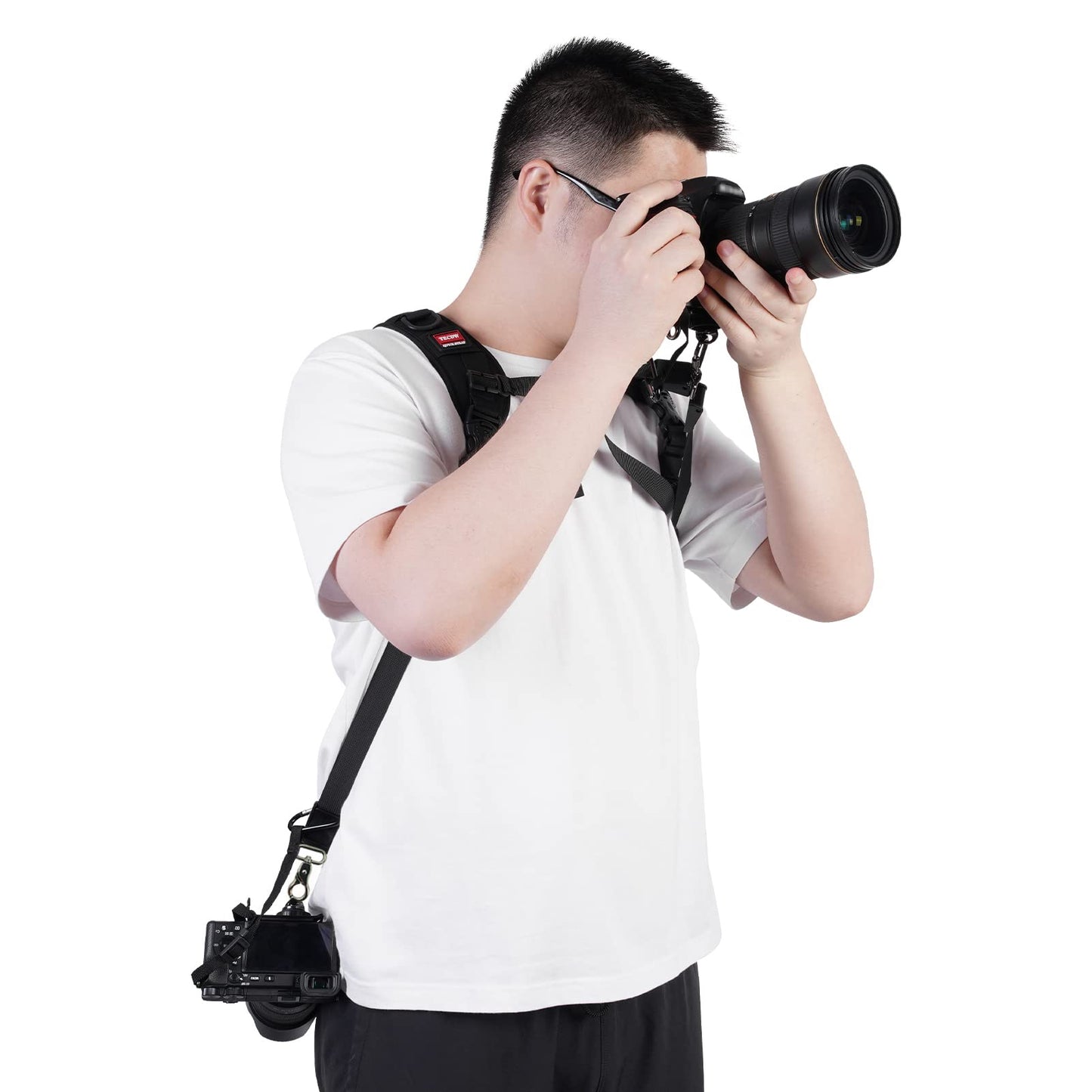 Quick Release Dual Camera Harness With Camera Safety Tether– Double Shoulder Camera Strap for 2 Cameras – Adjustable Length, Camera Straps for Photographers Camera Belt for DSLR SLR Camera (Style-A)